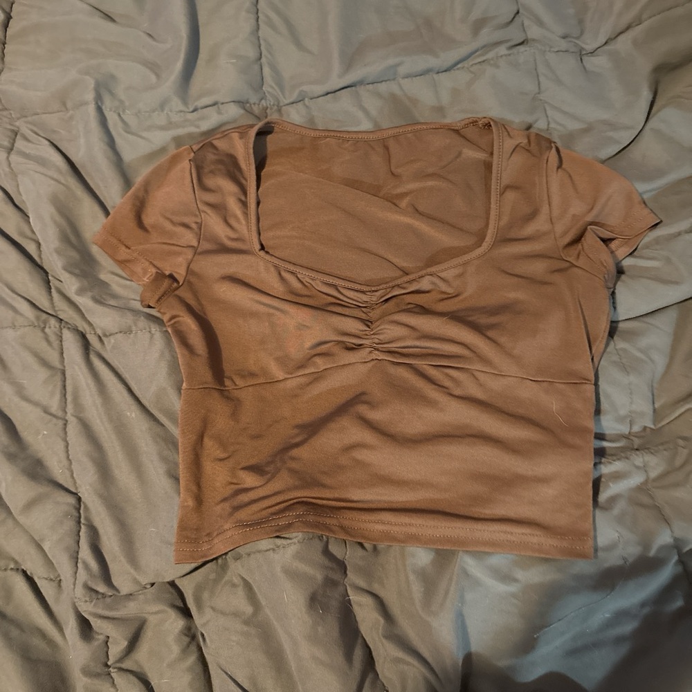 SHEIN Tan Ruched Crop Blouse